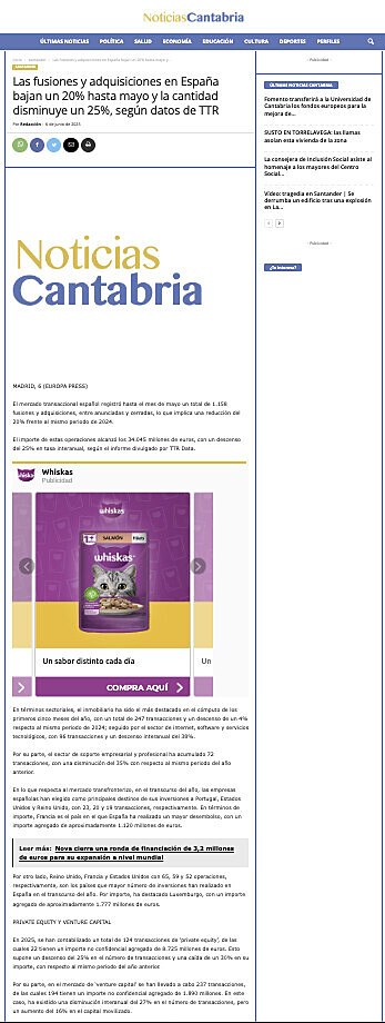 Las fusiones y adquisiciones en Espaa bajan un 20% hasta mayo y la cantidad disminuye un 25%, segn datos de TTR